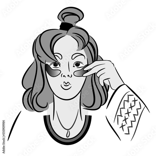 Asian girl in white blouse with a cute hair bun applying collagen hydrogel eye patches. Lifting mask for skin around the eyes. Black and white vector illustration. Skin care, spa, cosmetology