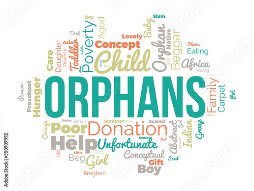 Orphans word cloud background. Civic awareness Vector illustration design concept.