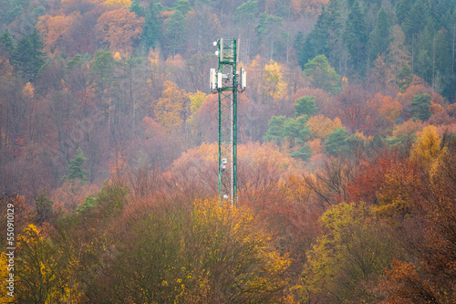 5G mobile phone tower and cellular mast jutting out of fall colored trees