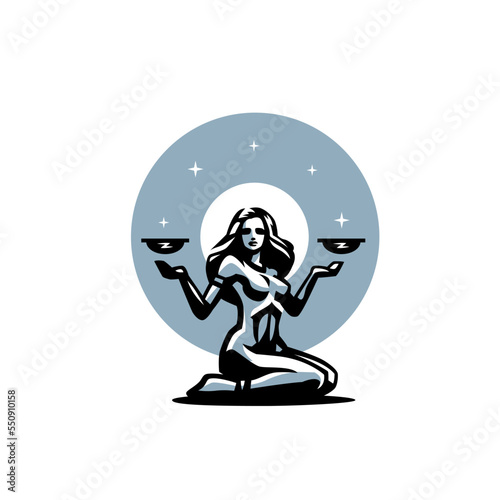 Libra The woman sits on her knees and holds two bowls magically in the air.