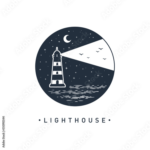 Hand drawn lighthouse at night textured vector illustration. A circle with lighthouse, crescent moon, birds, and "Lighthouse" lettering.