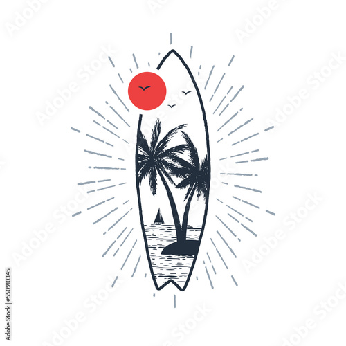 Hand drawn tropical sunset textured vector illustration. Double exposure with seaside, palms and birds, and a surfing board. Geometric style.