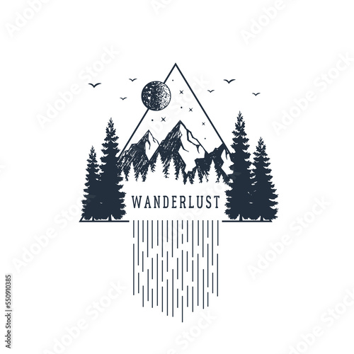 Hand drawn fir trees and mountains textured vector illustrations. Double exposure with pine forest, mountains and waterfall in a triangle with "Wanderlust" lettering. Geometric style.