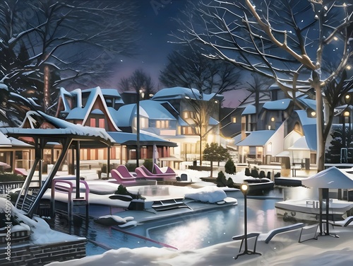 Night in the city. winter landscape. The house is full of lights. Beautiful pictures of winter landscapes.