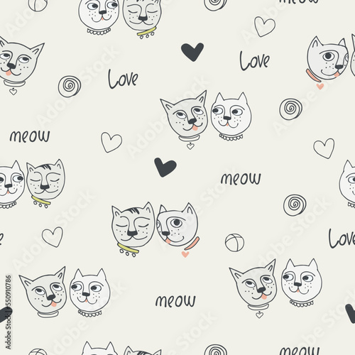 Seamless pattern with funny cat, signature meow and love and hearts. Valentine s day concept. Perfect for kids. Made of vector illustrations in cartoon, sketch style