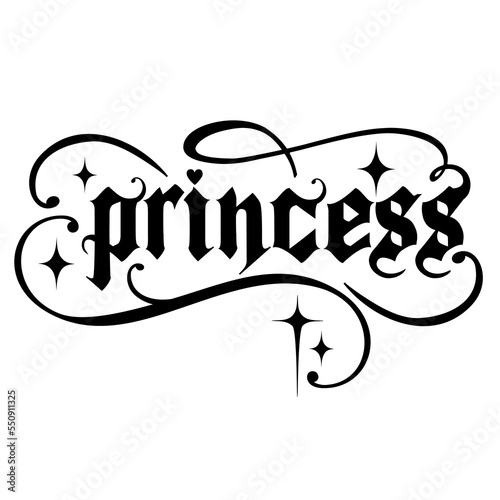 Goth slogan: princess . Gothic font - graphic text with decorations for girl tee - t shirt, sticker, tattoo, silhouette word. Vintage glam black and wight isolated embroidery