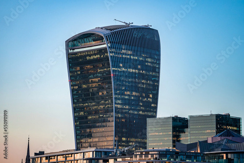 Close up view of the Walkie Talkie building. The 20 Fenchurch Street or Walkie-Talkie building is the 5th tallest building in London. photo