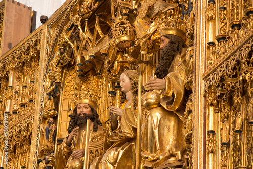 Gdansk, Poland, May 15, 2022: Interior of St. Mary's Basilica in Gdansk.. Main altar: Coronation of the Blessed Virgin Mary. © rparys