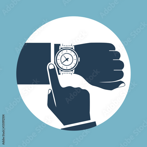 Wristwatch on hand of businessman, black icon isolated on background. Man checks time on wrist watch, control. Flat design, vector illustration.