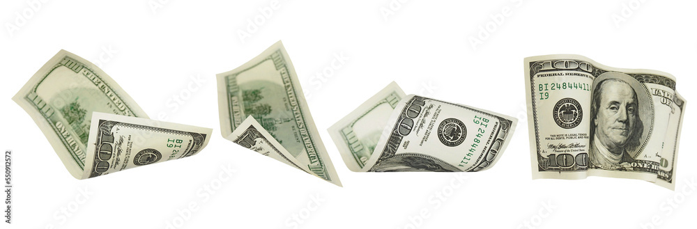 Set of flying hundred dollars banknotes isolated on white, clipping path - obrazy, fototapety, plakaty 