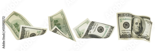Set of flying hundred dollars banknotes isolated on white, clipping path photo