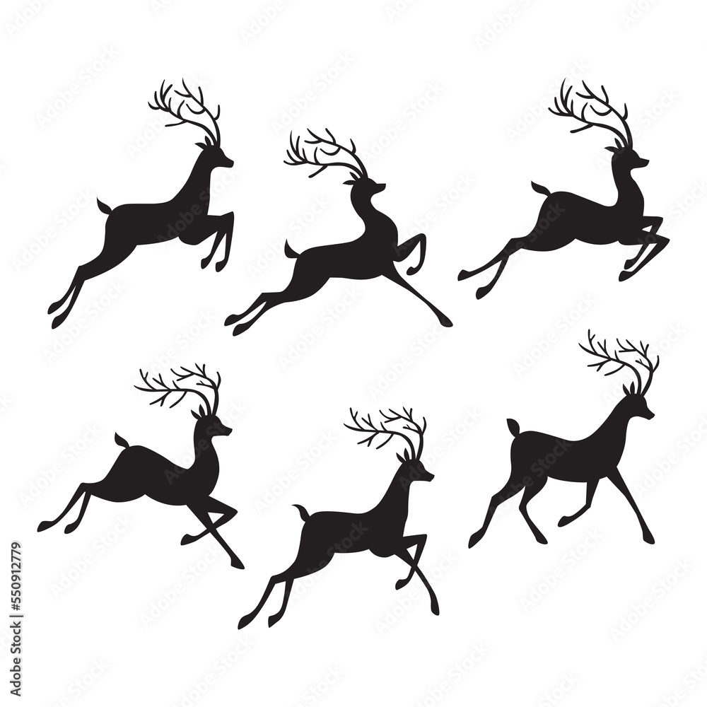 Collection of Black silhouette of Dear head with big antlers. Vector illustration. Collection of Black silhouette of Dear head with big antlers. Vector illustration.