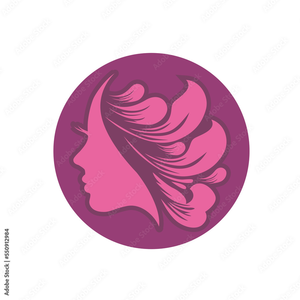 Stylized Beautiful woman's face with long hair silhouette. Women's hair beauty spa salon logo or symbol. Stylized Beautiful woman's face with long hair silhouette. Women's hair beauty spa salon logo or symbol.