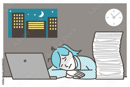 Young female office worker working late-night overtime, lying down on a desk in an office [Vector illustration of a person].