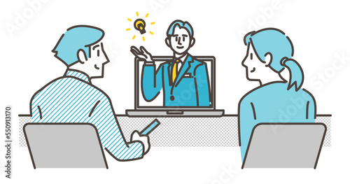 Smiling young couple and male businessperson consulting online [Vector illustration].