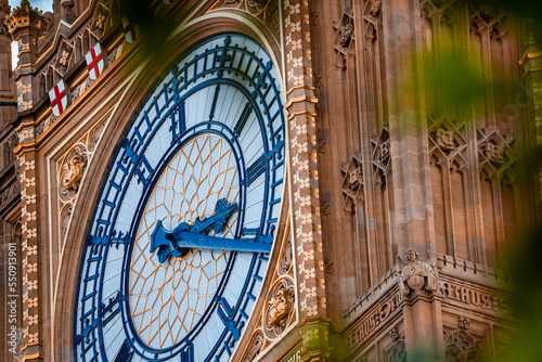 Close up view of the Big Ben clock tower and Westminster in London. Amazing details after renovation of the Big Ben.