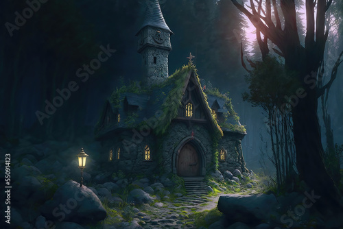 AI generated image of a scary and mysterious wizard's cottage in the forest