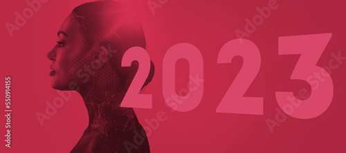 Silhouette of a woman on a viva magenta background. Color of the year 2023, viva magenta. photo