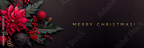 Christmas copy space made of poinsettia, baubles and berries. Festive banner with black background. Merry Christmas!