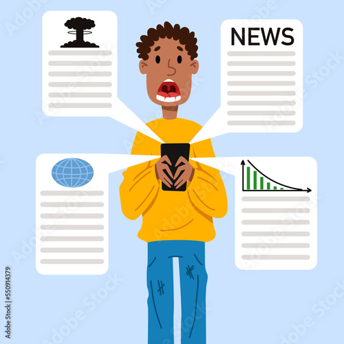 The girl reads the news on the phone. A woman is shocked by what is happening in the world. Vector illustration in flat cartoon style.
