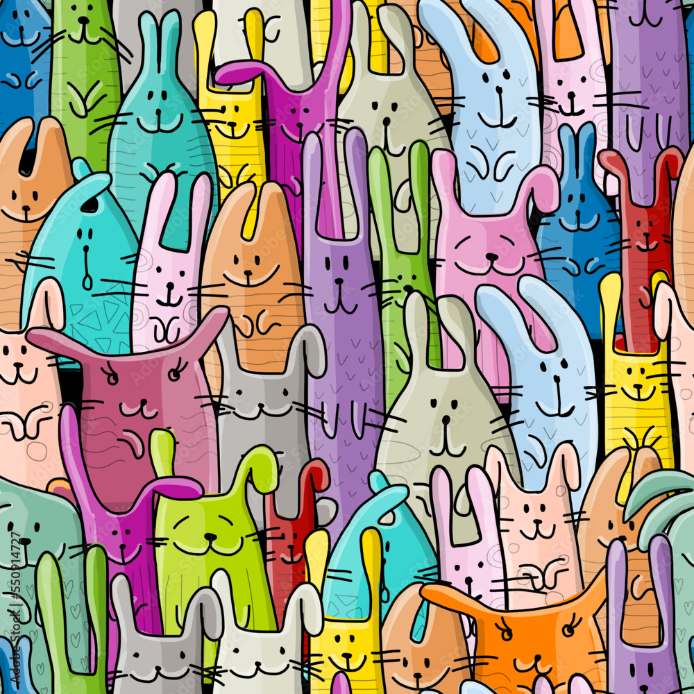 Obraz premium Funny Bunnies family. Seamless pattern background with Rabbits. Symbol of 2023 chineese new year. Cute characters, childish style. Vector illustration