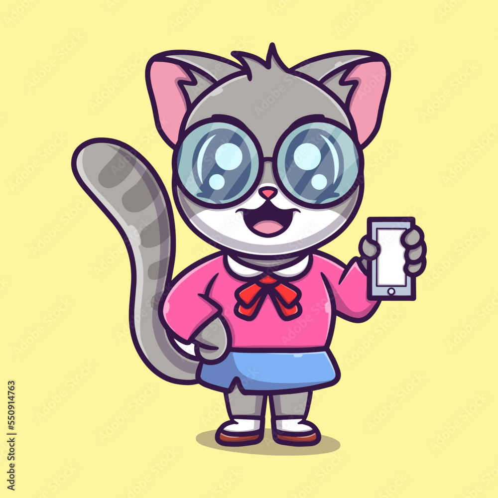 Cute cat holding handphone cartoon icon vector illustration