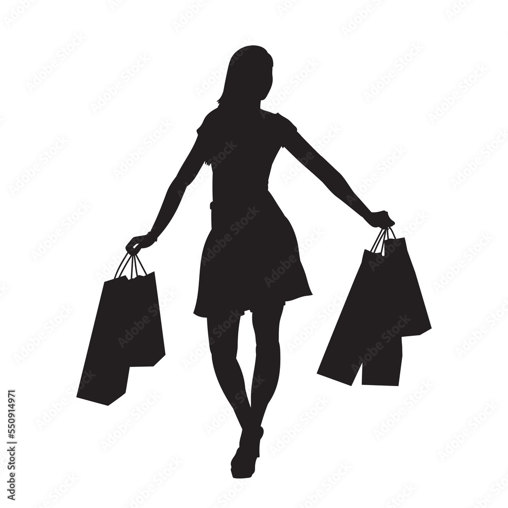 Young woman carrying shopping bag. Vector silhouette.