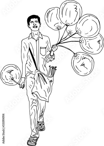 Balloon seller cartoon doodle character, balloon saller village boy clip art silhouette, Indian boy selling balloons sketch drawing illustration 