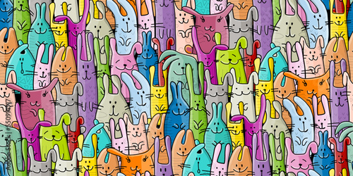 Funny Bunnies family. Seamless pattern background with Rabbits. Symbol of 2023 chineese new year. Cute characters, childish style. Vector illustration