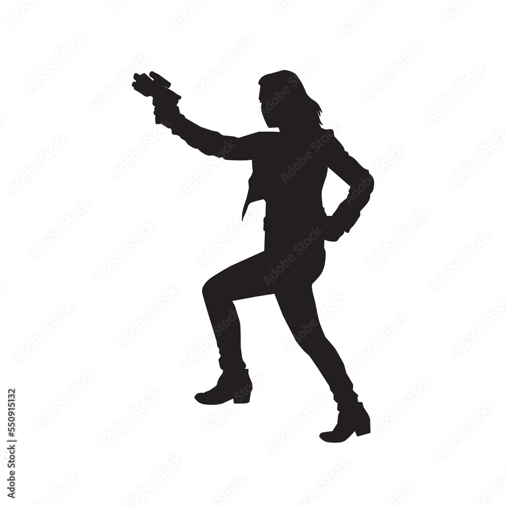 illustration of female galactic ranger. isolated woman in black agent vector silhouette.
