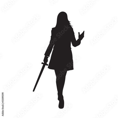illustration of female assassin. isolated woman in black agent vector silhouette.