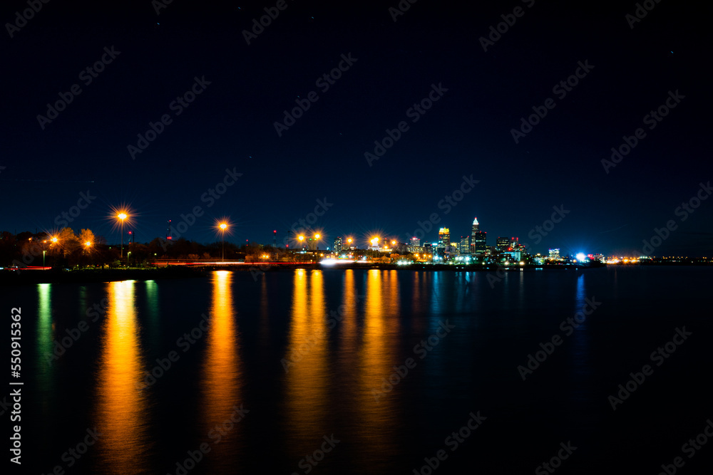 Colorful reflecting lights on the Cleveland shoreline.