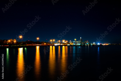 Colorful reflecting lights on the Cleveland shoreline.