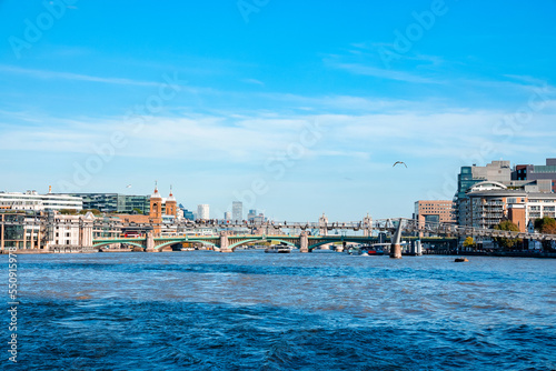 River Thames in London with beautiful scenery around on a warm summer day. Beautiful London view. © Aerial Film Studio