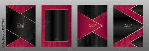 Modern cover design set. Creative abstract diagonal line, carbon pattern on black and magenta background. Premium vector collection for catalog, brochure template, invite, magazine layout, booklet