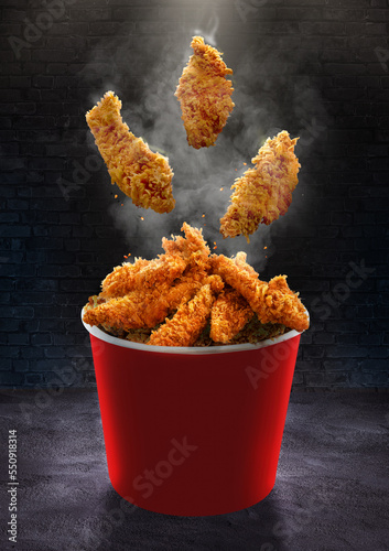 Fried Chicken hot Fly crispy strips crunchy pieces Bucket - large Red box