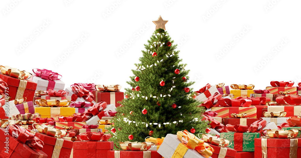 a green Christmas fir and a pile of Christmas presents 3d-illustration a green Christmas fir and a pile of Christmas presents 3d-illustration