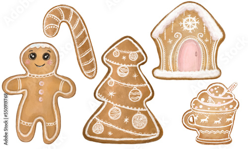 Gingerbread Cookies set isolated on transparent background. Decortative hand painted watercolor Xmas tree  cup  man  candy cane  house. Design for winter holidays.