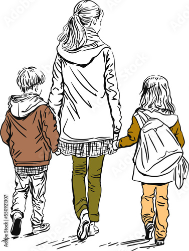 walking mother with children, back view, sketch illustration