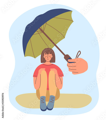 Psychological support for a sad girl. Metaphor-shelter from the rain with an umbrella.