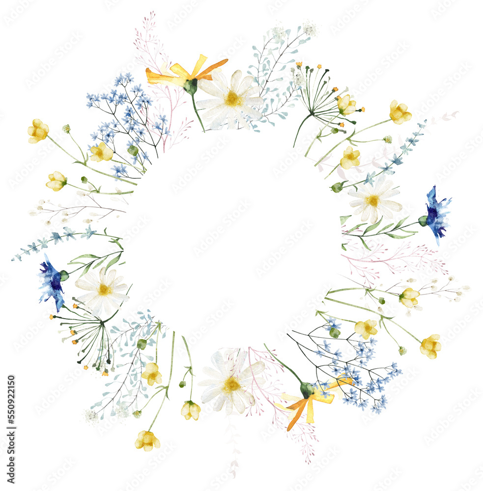 Watercolor painted floral round frame. Blue and yellow wild flowers ...