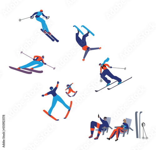 Vector illustration of Alpine Skiing, winter sport. Characters set of simple comic drawing. 