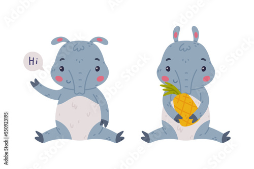 Cute Grey Tapir Animal with Proboscis Sitting with Pineapple and Greeting Vector Set