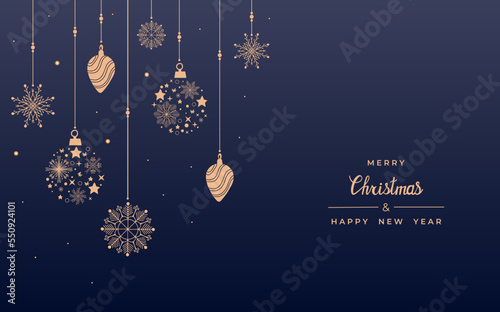 Merry Christmas and Happy New Year. Xmas background with Snowflakes  star and balls design. Vector illustration.