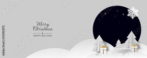 White podium with white christmas tree, gift box and snowflake in paper cut style. Merry Christmas and Happy New Year banner. Vector illustration.