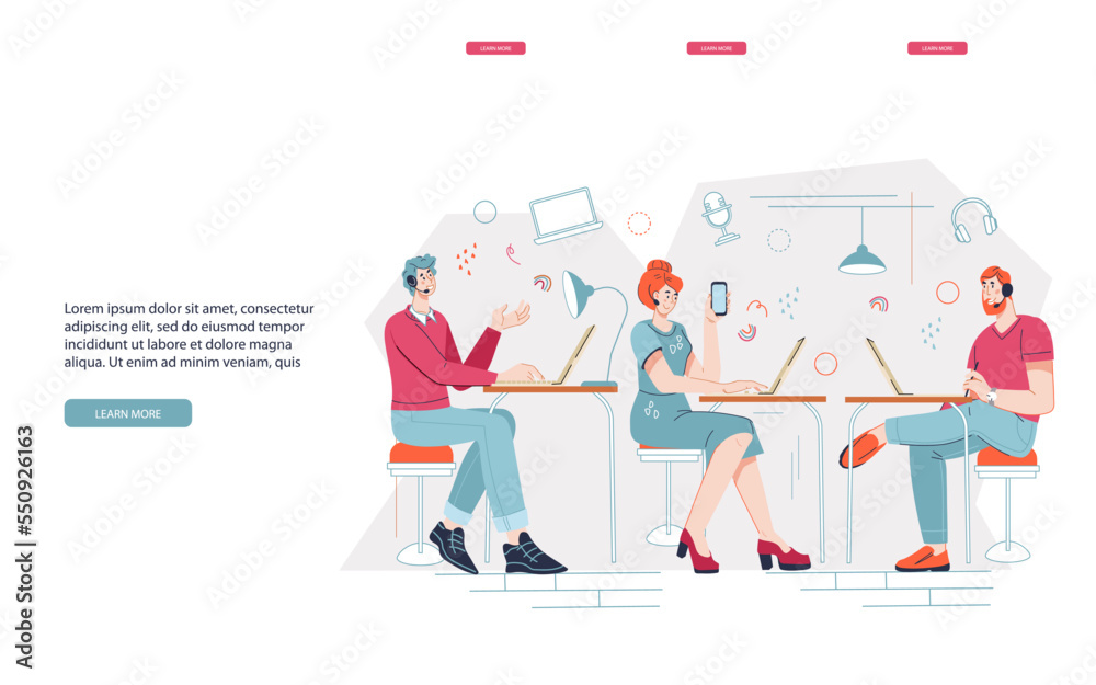 Call operators of customer support service, hotline department managers, flat vector illustration. Consumer contact center or telemarketing website page mockup.