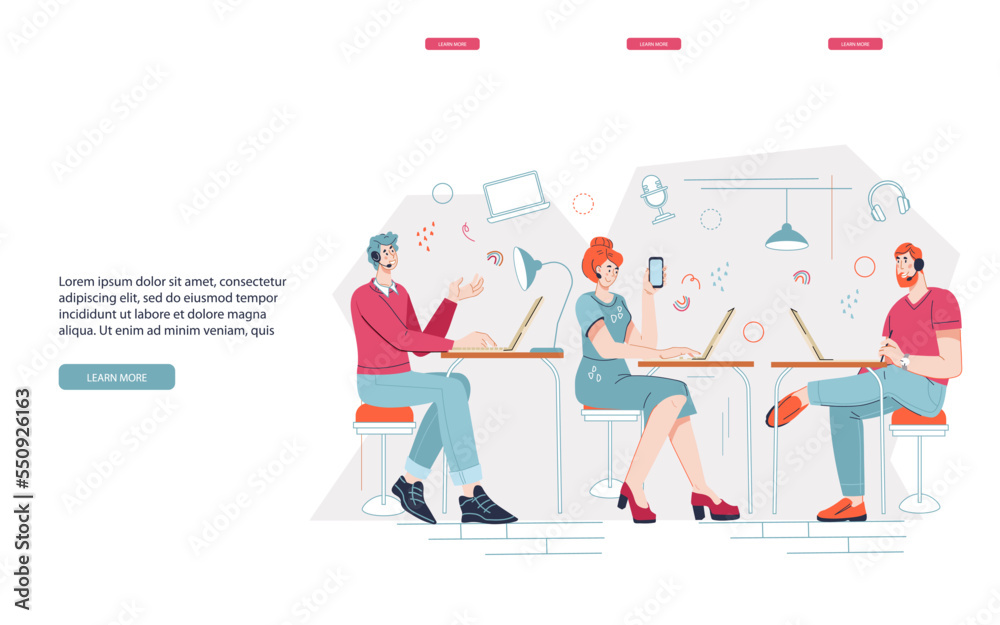 Call operators of customer support service, hotline department managers, flat vector illustration. Consumer contact center or telemarketing website page mockup. Call operators of customer support service, hotline department managers, flat vector illustration. Consumer contact center or telemarketing website page mockup.
