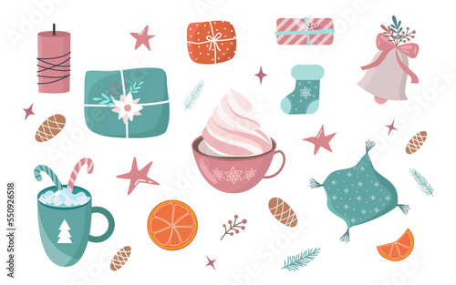Vector set of holiday icons:  Christmas ornaments, , candles,  gift boxes, candy, christmas toys. Scrapbook collection. Winter greeting card. Trendy objects for cozy winter time