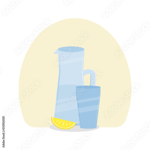 A decanter with water, a glass and a slice of ,.