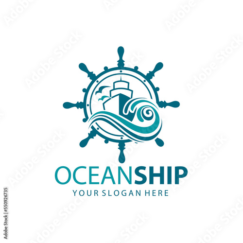 icon of ship, handwheel and ocean waves with seagulls isolated on white background